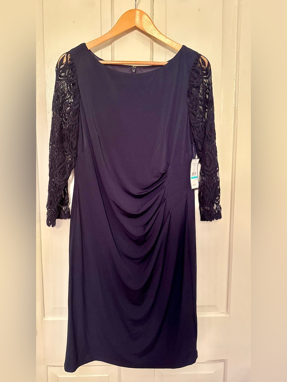 Jessica Howard Navy Blue Lace Sleeve Draped Cocktail Dress